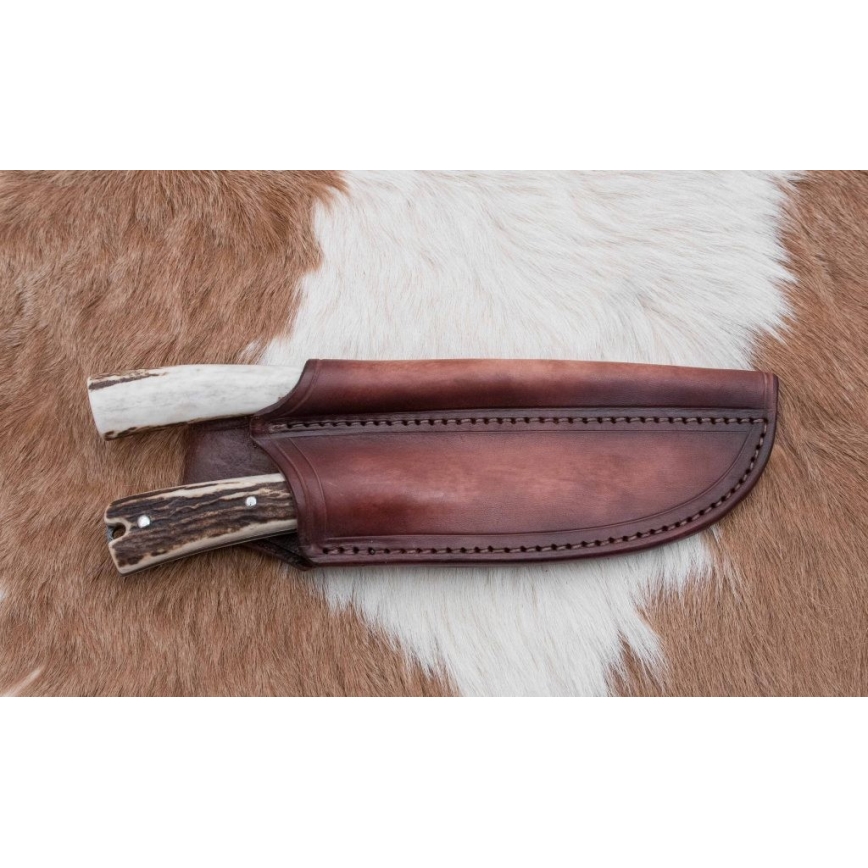 Damascus hunting dispatch knife with mini saw 12 cm deer antler