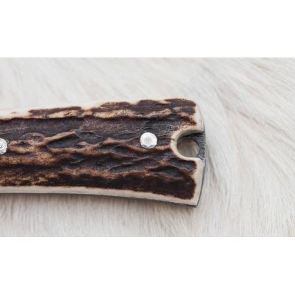 Damascus hunting dispatch knife with mini saw 12 cm deer antler