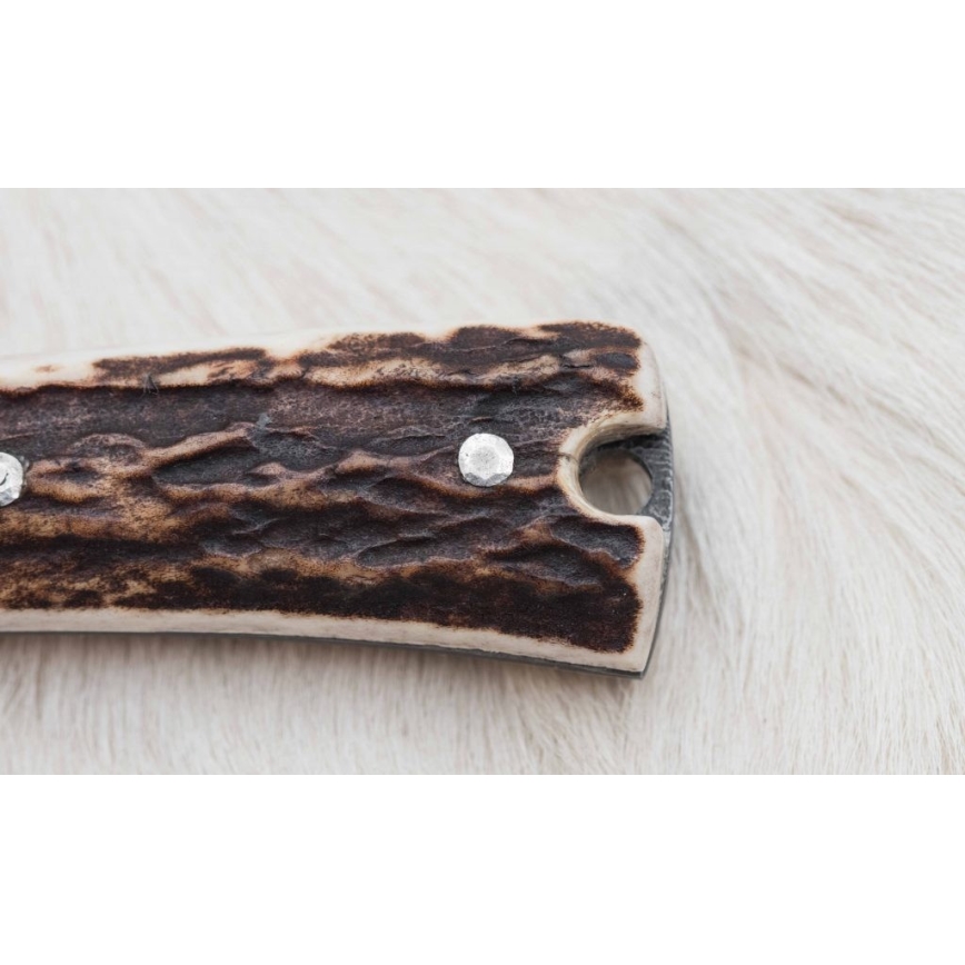 Damascus hunting dispatch knife with mini saw 12 cm deer antler