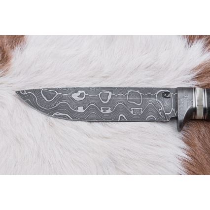 Damascus hunting knife 13,8 cm birch/camel bone