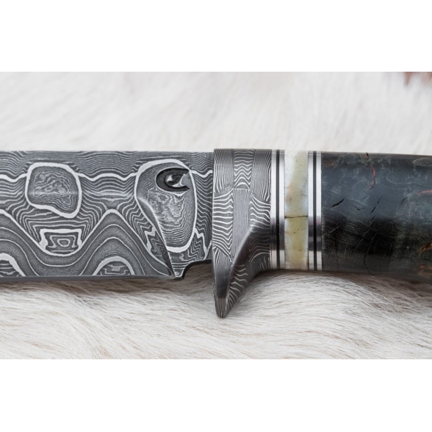 Damascus hunting knife 13,8 cm birch/camel bone