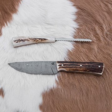Damascus hunting knife with mini saw 11 cm deer antler