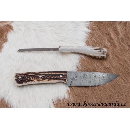 Damascus hunting knife with mini saw 11 cm deer antler