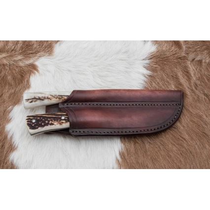 Damascus hunting knife with mini saw 11 cm deer antler