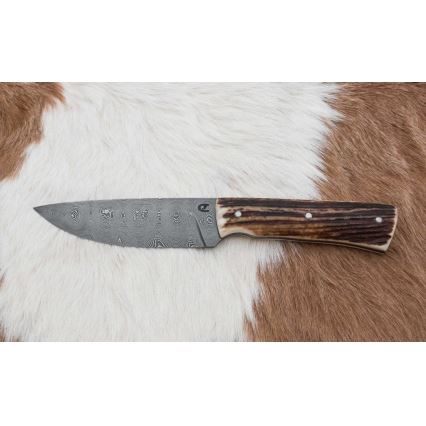Damascus hunting knife with mini saw 11 cm deer antler