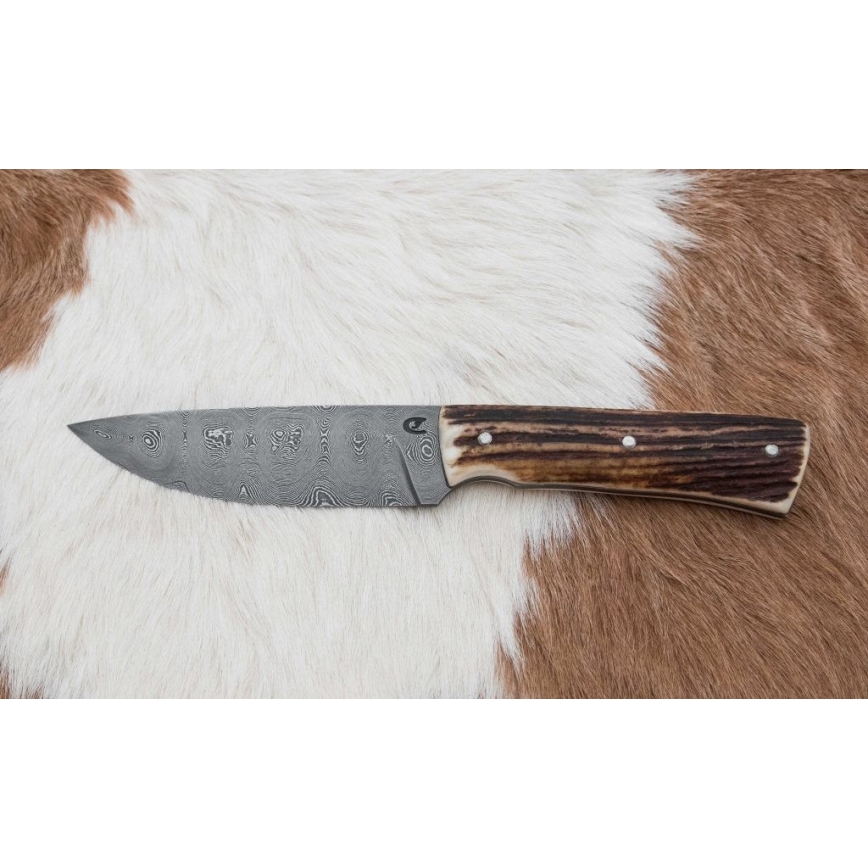 Damascus hunting knife with mini saw 11 cm deer antler