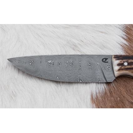 Damascus hunting knife with mini saw 11 cm deer antler