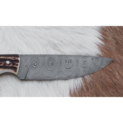Damascus hunting knife with mini saw 11 cm deer antler