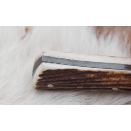 Damascus hunting knife with mini saw 11 cm deer antler