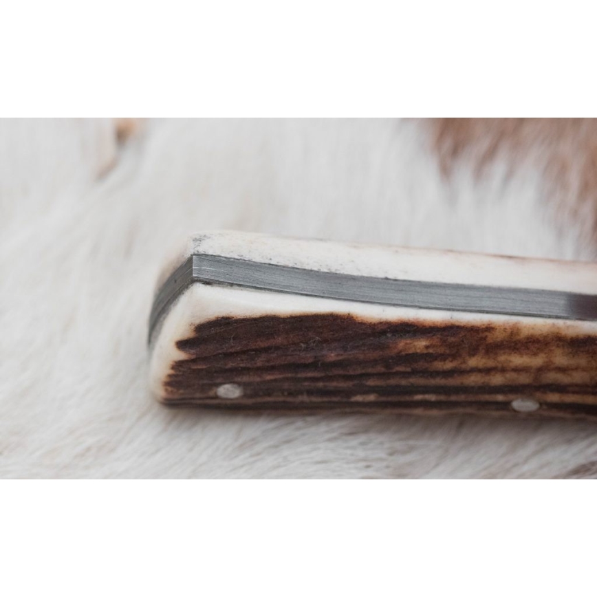 Damascus hunting knife with mini saw 11 cm deer antler