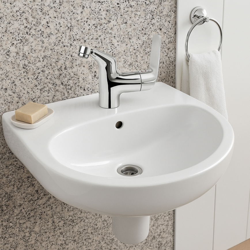Deante - JASMIN wall-hung washbasin 45,7x36,4 + LEMON washbasin mixer