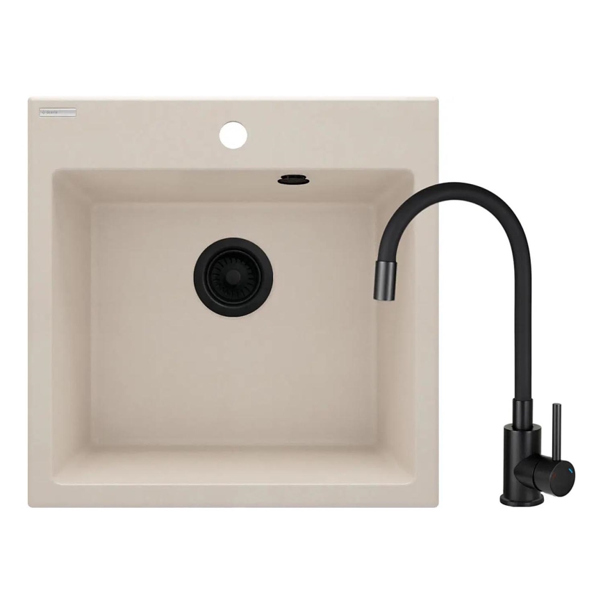 Deante ZQJN5103 - Kitchen sink EVORA 50x50 cm + sink tap with flexible arm granite/beige