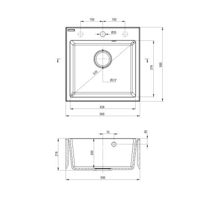 Deante ZQJNN103 - Kitchen sink EVORA 50x50 cm + sink tap with flexible arm granite/black