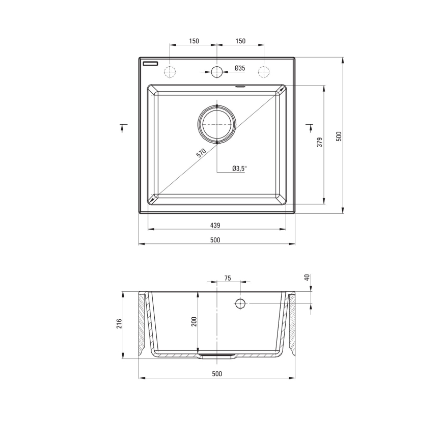 Deante ZQJNN103 - Kitchen sink EVORA 50x50 cm + sink tap with flexible arm granite/black