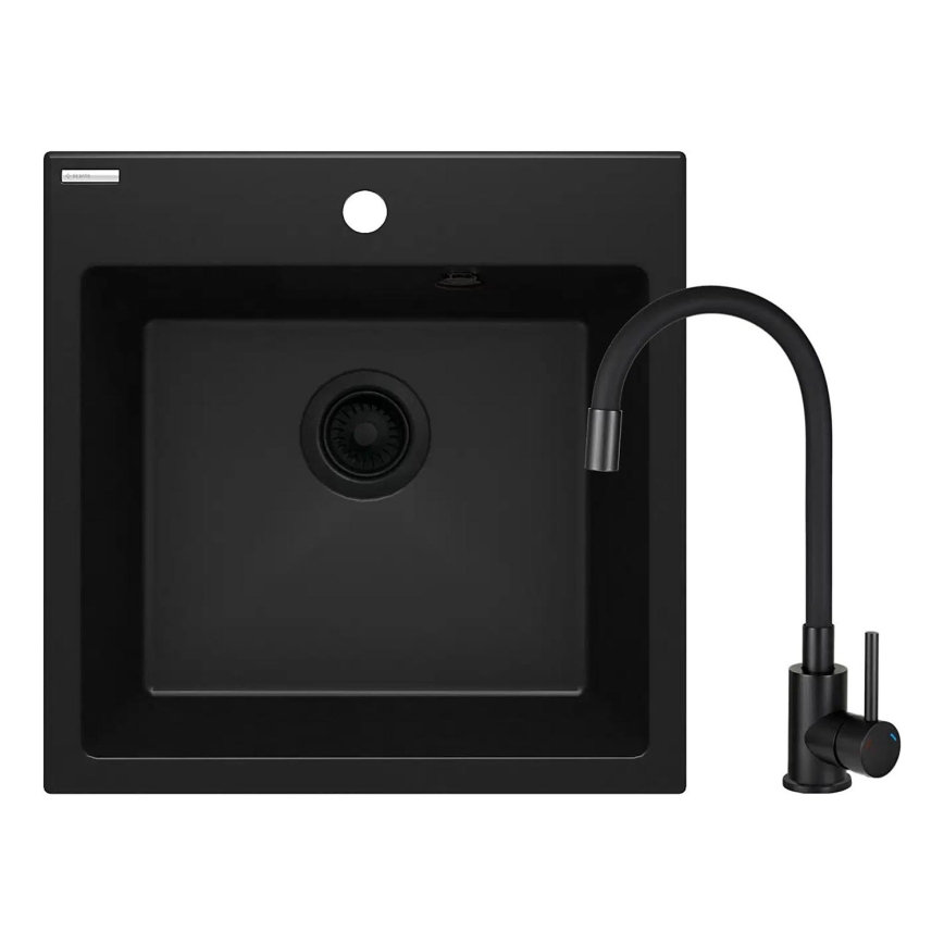 Deante ZQJNN103 - Kitchen sink EVORA 50x50 cm + sink tap with flexible arm granite/black