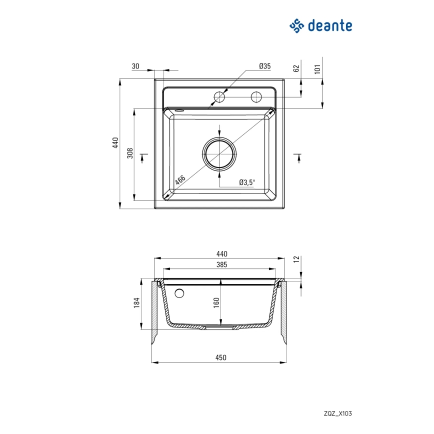 Deante ZQZ_T103 - ZORBA Kitchen Sink 44x44 cm granite/anthracite