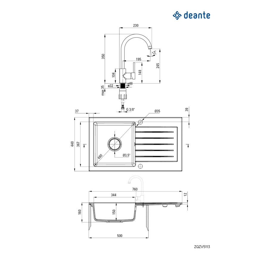Deante ZQZVT113 - Kitchen sink ZORBA 76x44 cm + sink tap granite/metallic anthracite