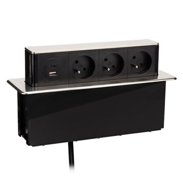 Desk-mounted power column for tabletops — 3×230 V sockets + USB-A + USB-C