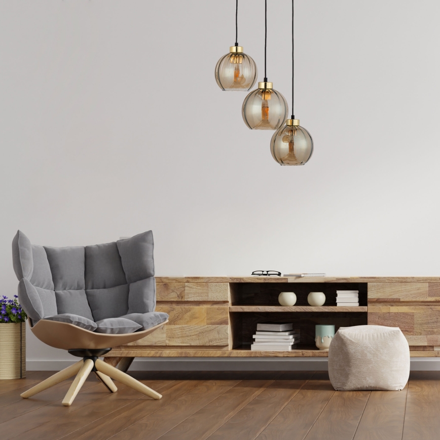 DEVI cable-hung pendant light 3xE27/15W/230V black/smoked beige