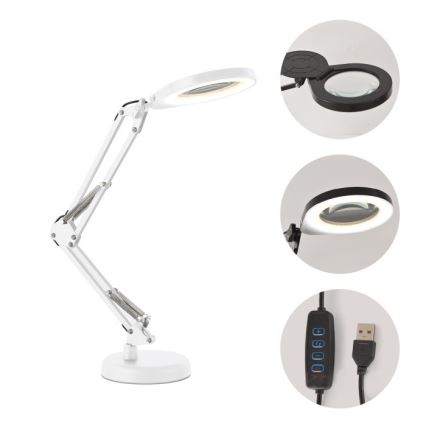 LED Dimmable desk lamp with magnifier 2-in-1 AURIQ LOUPE LED/10W/5V 3000/4000/6500K White
