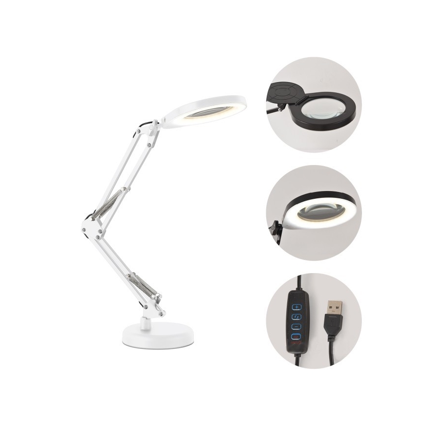 LED Dimmable desk lamp with magnifier 2-in-1 AURIQ LOUPE LED/10W/5V 3000/4000/6500K White