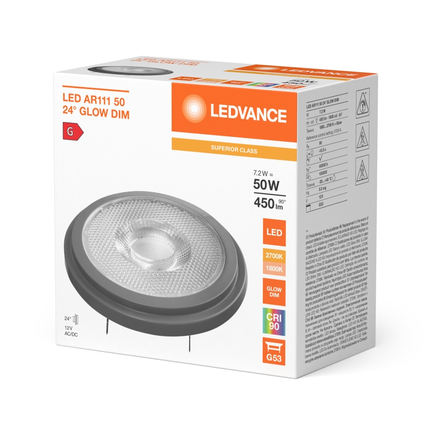 Dimmable LED AR111 G53 Bulb 7.2W/12V 1800–2700K 24° CRI 90 - Ledvance
