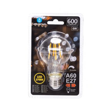 Dimmable LED Bulb FILAMENT A60 E27/6W/230V 2700K - Aigostar