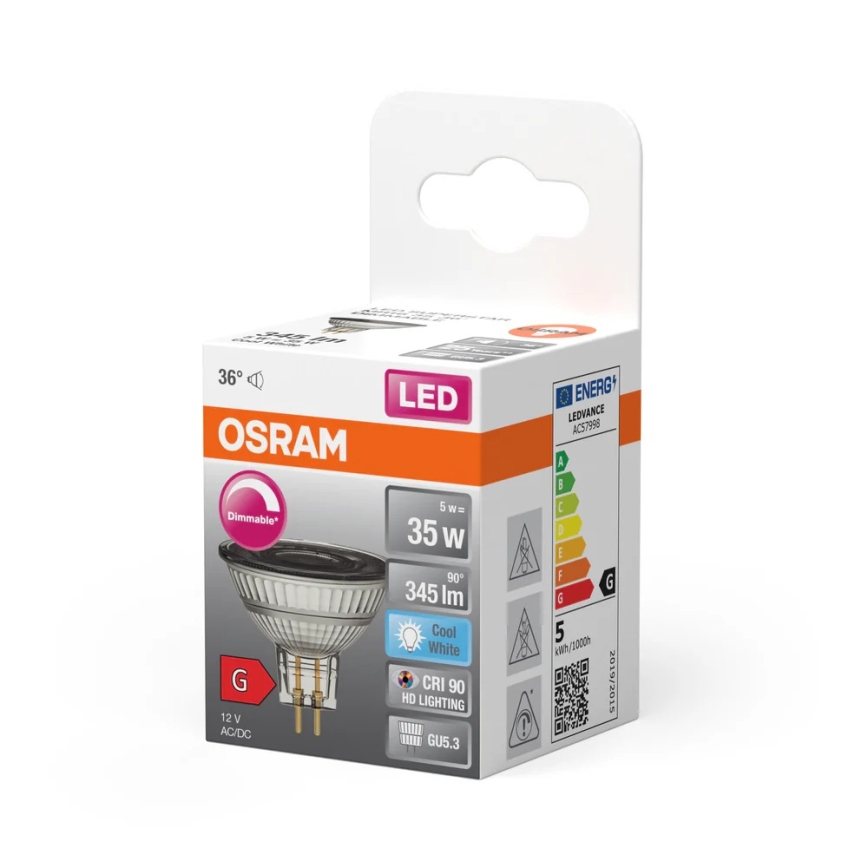 Dimmable LED MR16 Bulb GU5.3/5W/12V 4000K 36° CRI 90 - Osram