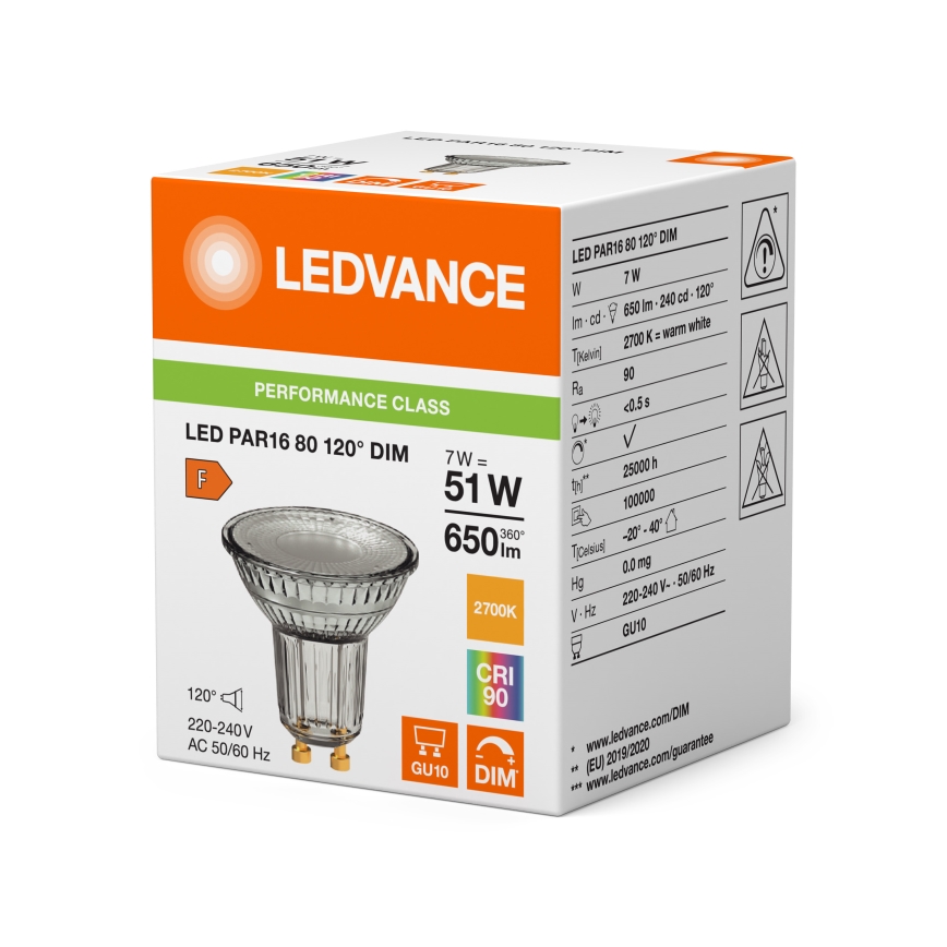 LED Dimmable Reflector Bulb PAR16 GU10/7W/230V 2700K 120° CRI 90 - Ledvance