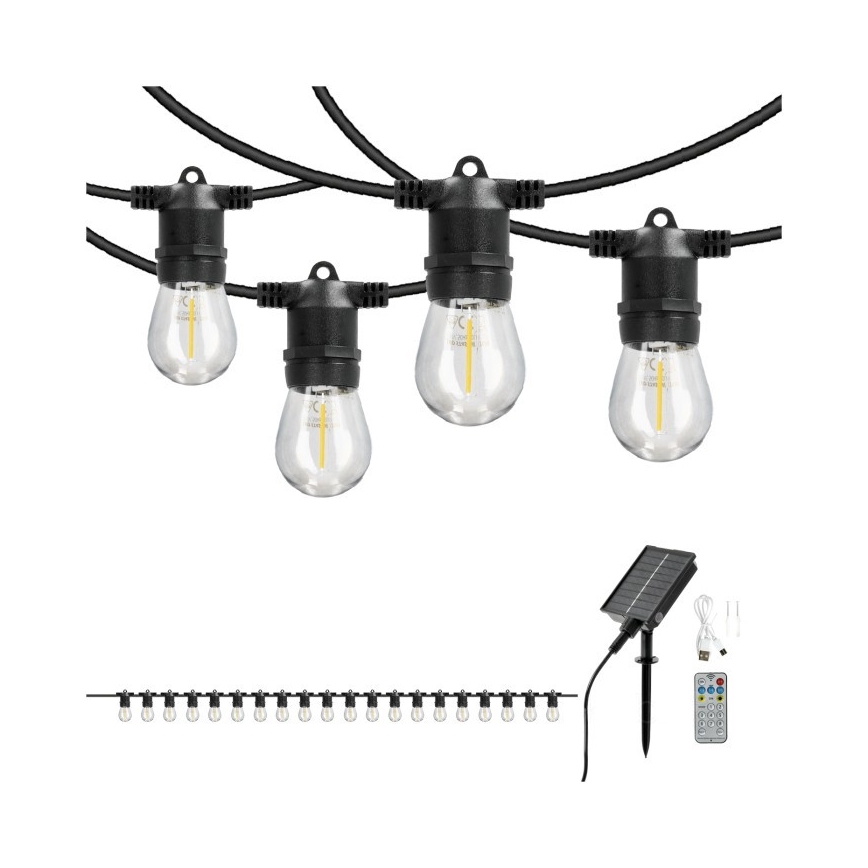 LED Dimmable Solar Decorative String Lights STARLIGHT NEO 20xE27/3.7V 2700K IP54 1200 mAh 11.5m + Remote Control
