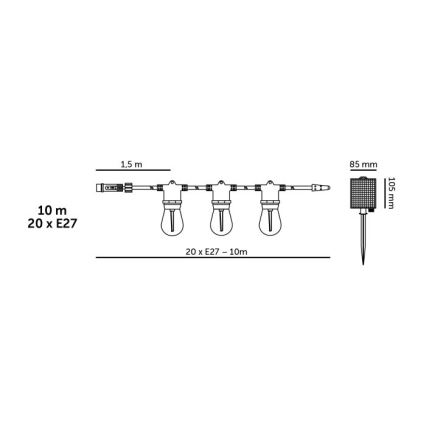 LED Dimmable Solar Decorative String Lights STARLIGHT NEO 20xE27/3.7V 2700K IP54 1200 mAh 11.5m + Remote Control