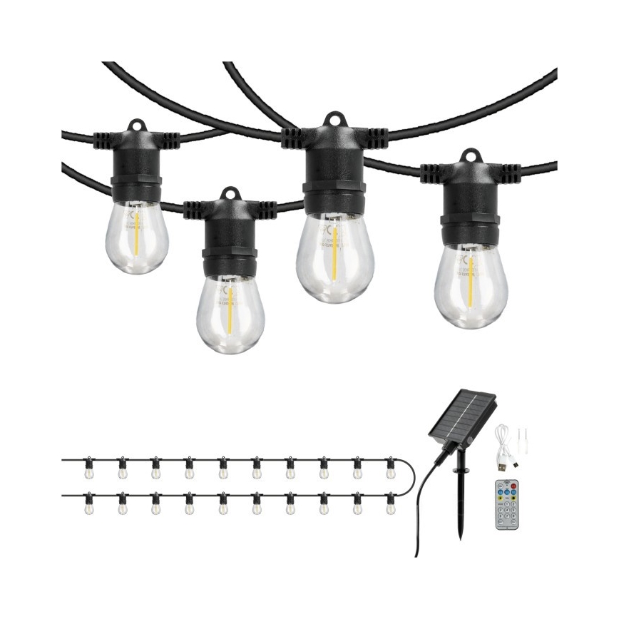 LED Dimmable Solar Decorative String Lights STARLIGHT NEO — 20× E27, 3.7 V, 2700 K (warm white), IP54, 2400 mAh battery, 21.5 m length — with remote control