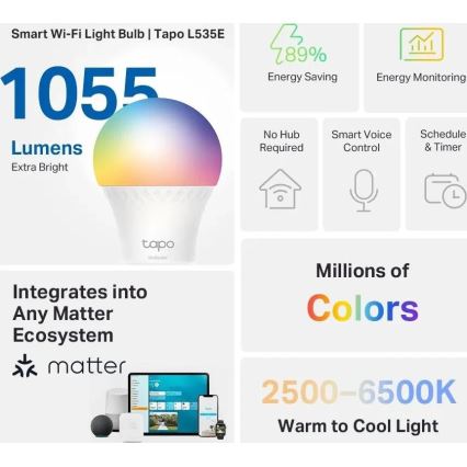 Dimmable RGBW LED Bulb A60 E27/8.6W/230V 2500-6500K Wi-Fi - TP-Link