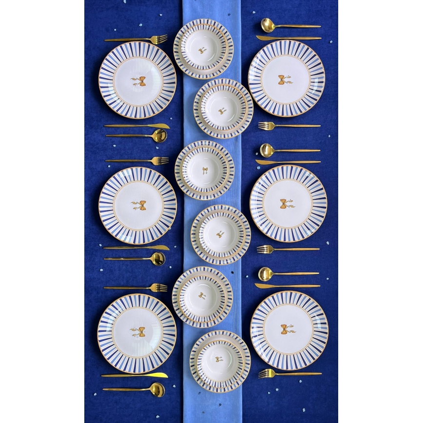 Dining set 24 pcs white/blue/gold/ceramic