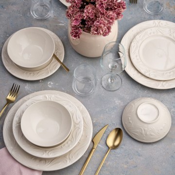 Dining set, 24-piece, cream/ceramic