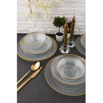 Dinner set 12 pcs clear/gold/glass