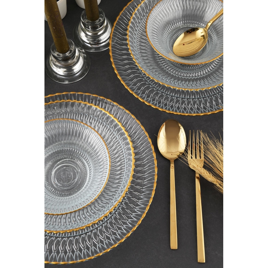 Dinner set 12 pcs clear/gold/glass