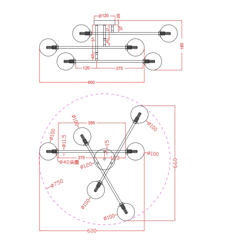DORADO Flush-mount chandelier 6xG9/28W/230V — Gold