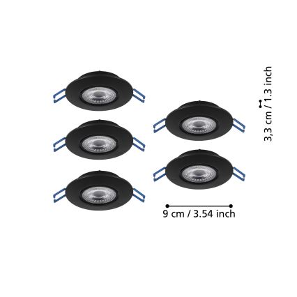 Eglo - Set of 5 LED recessed downlights, 4.9 W, 230 V, selectable color temperature 2700/4000/6500 K, Ø 9 cm, black