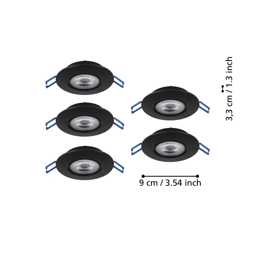 Eglo - Set of 5 LED recessed downlights, 4.9 W, 230 V, selectable color temperature 2700/4000/6500 K, Ø 9 cm, black