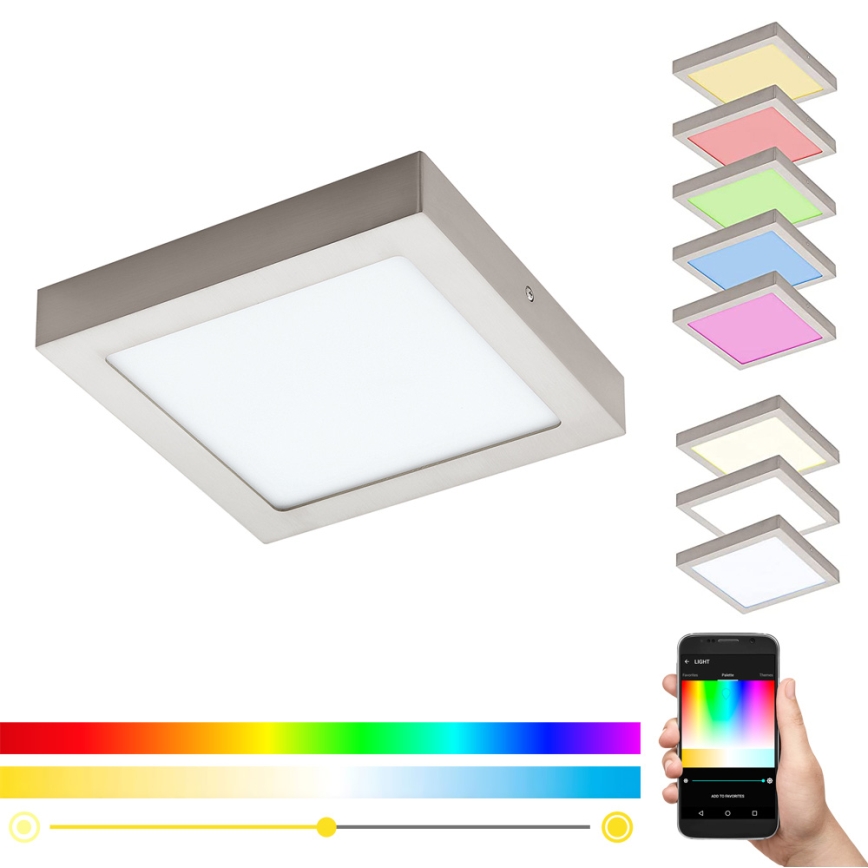 Eglo 33319 - FUEVA-C LED RGBW Dimmable Ceiling Light, 15.6 W, 230 V, 2700–6500 K, 22.5x22.5 cm, Matte Chrome