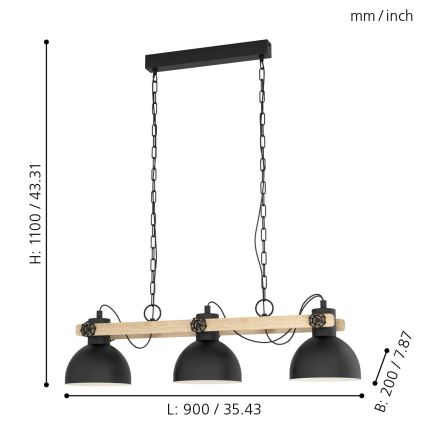 Eglo - 3-Light Chain Chandelier, E27/28W/230V
