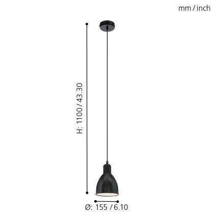 Eglo 55243 - PRIDDY Cable-hung Pendant Light 1xE27/60W/230V, Black