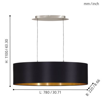 Eglo 55266 - Chandelier on a string MASERLO 2xE27/60W/230V black