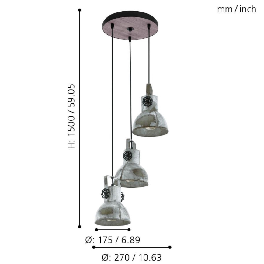 Eglo 79371 - BARNSTAPLE cable-hung pendant light, 3xE27/40W/230V, brown with patina finish