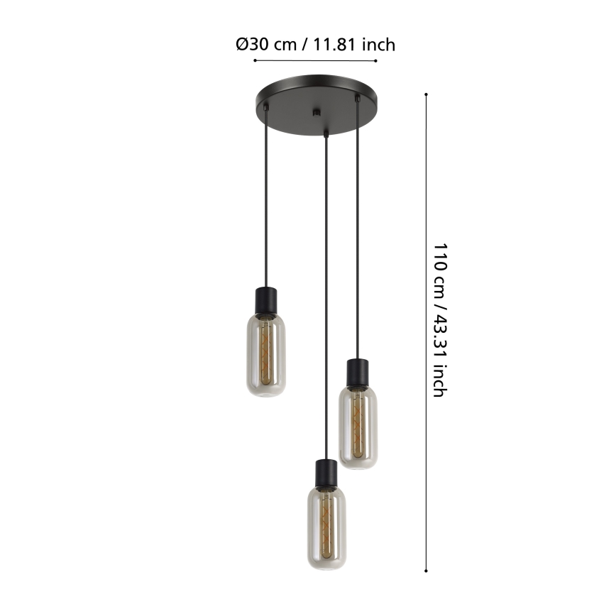 Eglo - Cable-hung pendant light 3xE27/4W/230V black/smoked
