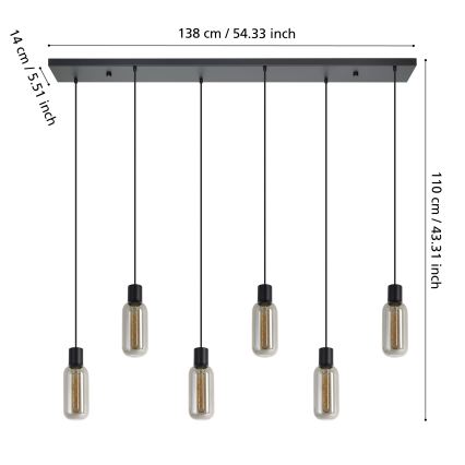 Eglo - Cable-hung pendant light 6xE27/4W/230V black/smoked