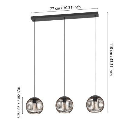 Eglo - Cable-hung pendant light 3xE27/60W/230V black