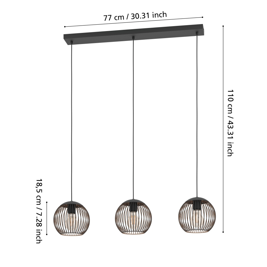 Eglo - Cable-hung pendant light 3xE27/60W/230V black