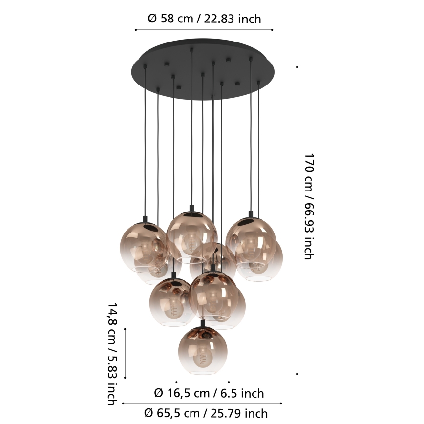 Eglo - Cable-hung chandelier 10xE27/60W/230V Black/Beige/Smoked